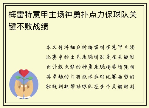 梅雷特意甲主场神勇扑点力保球队关键不败战绩